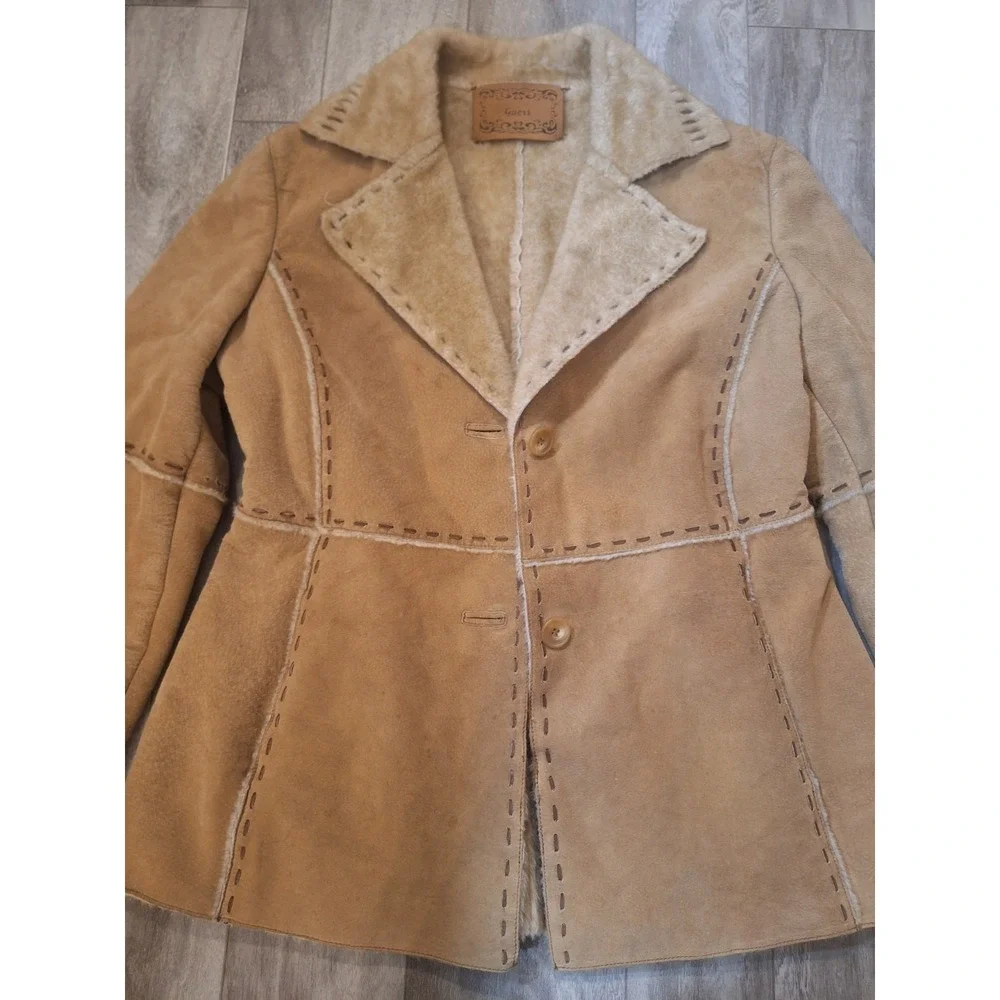 Guess Vintage Y2K Tan Genuine Suede Leather Faux Fur Lined Button Closure Coat M - Picture 2 of 10